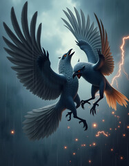 Obraz premium Two Fierce Birds Locked in Mid-Air Combat During a Thunderstorm with Dramatic Lighting and Intense Atmosphere
