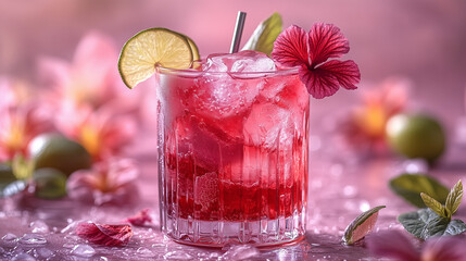 pink cocktail with lime hibiscus and ice