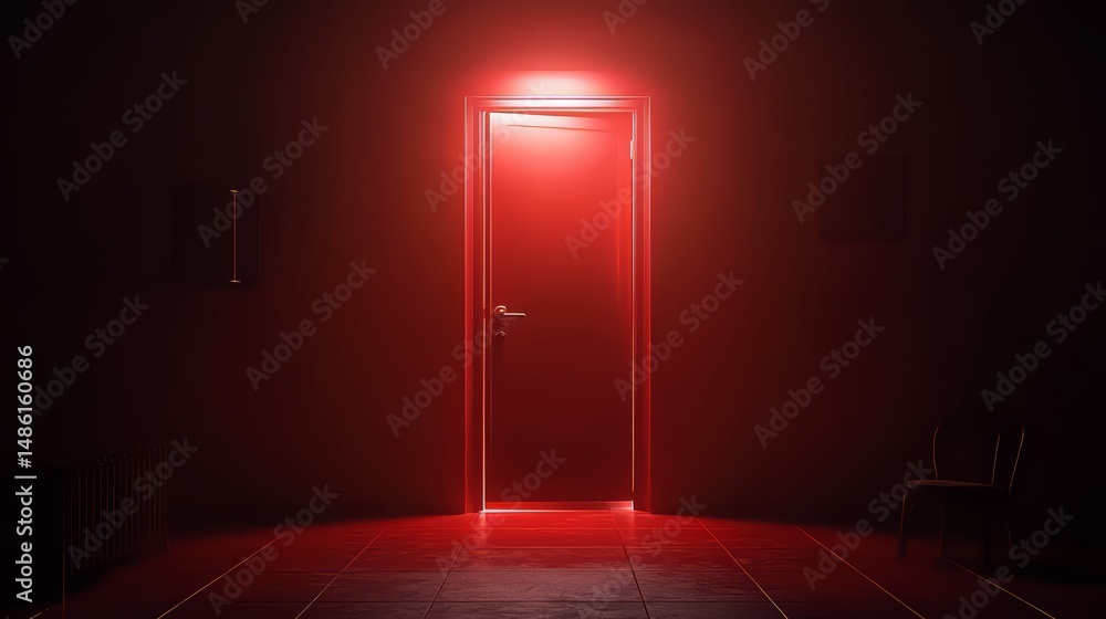 Poster red door is lit up in a dark room. the door is open and there are two chairs in the room