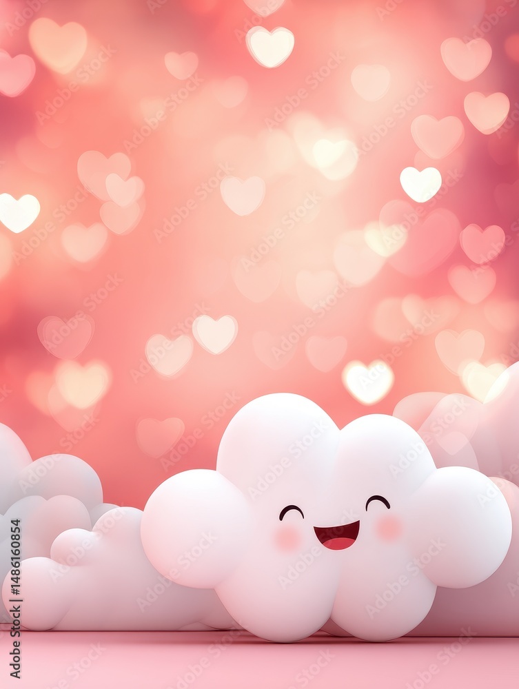 Poster cute smiling cloud character surrounded by soft clouds and heart-shaped bokeh background