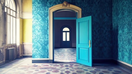 Fototapeta premium Empty room's azure door opens to a brighter space.