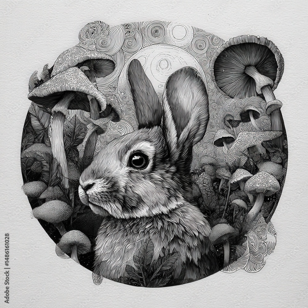 Poster Enchanting rabbit surrounded by colorful mushrooms in a whimsical doodle forest full of swirling patterns