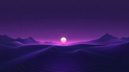Fototapeta premium Digital landscape at dusk, vibrant purple hues, stylized mountains, glowing lines, soft light