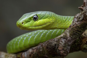 Obraz premium Green Snake Coiled on Branch Close Up Wildlife