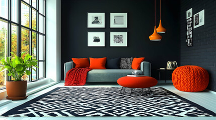 Modern living room interior design with gray sofa and orange accents
