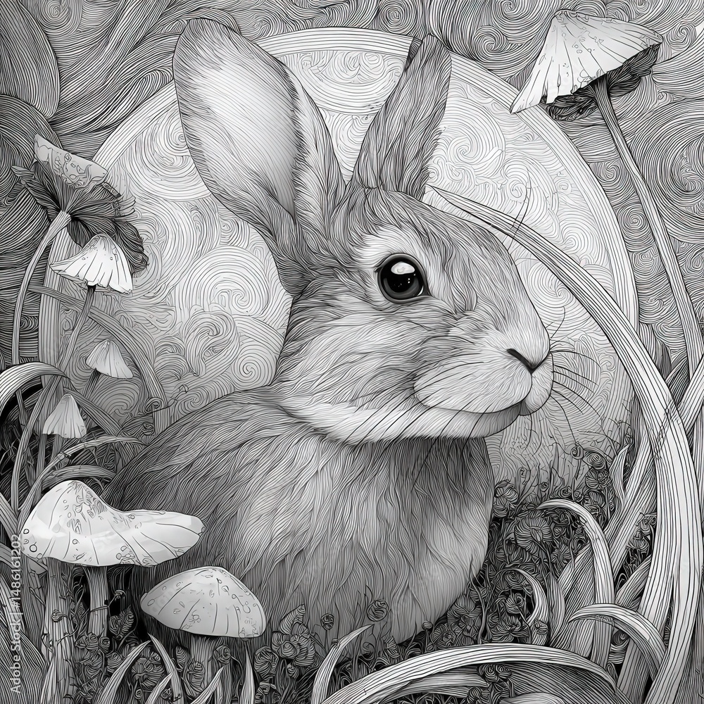 Poster adorable rabbit nestled in lush grass surrounded by a doodle forest of colorful mushrooms and swirli