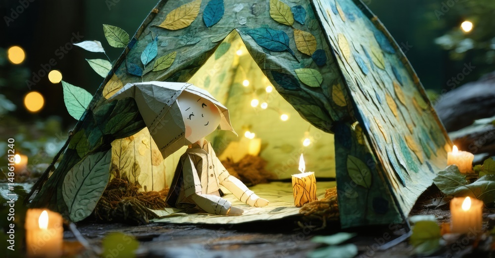 Poster paper figure sits inside leafy tent. soft candlelight illuminates scene. forest background creates c