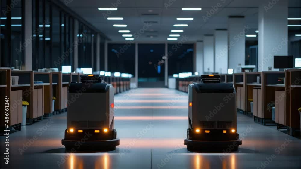 Poster two automated cleaning robots navigate a dimly lit office corridor, showcasing advanced technology i