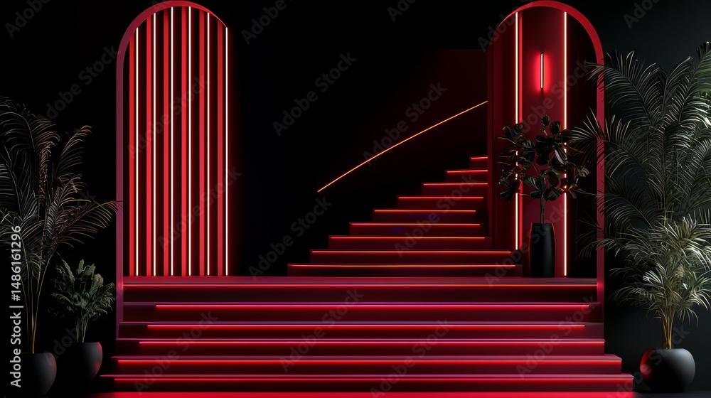 Aufkleber Red staircase with a black railing and a red archway. The staircase is lit up with red lights