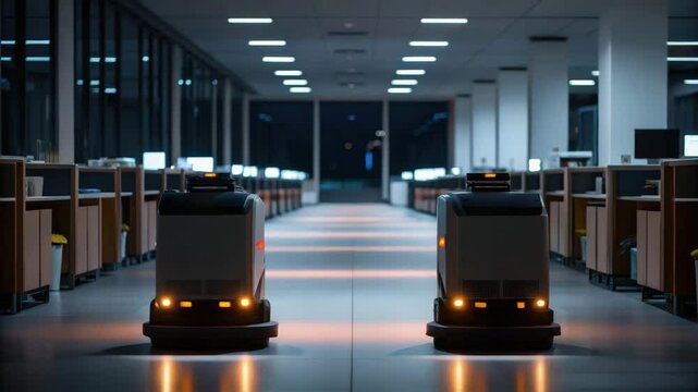 Two automated cleaning robots navigate a dimly lit office corridor, showcasing advanced technology in a modern workspace.
