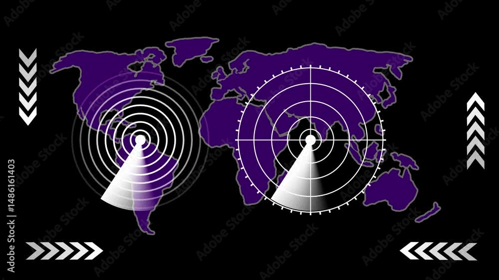 Poster global surveillance and network scanning map. animated radar scanning world map displaying global su