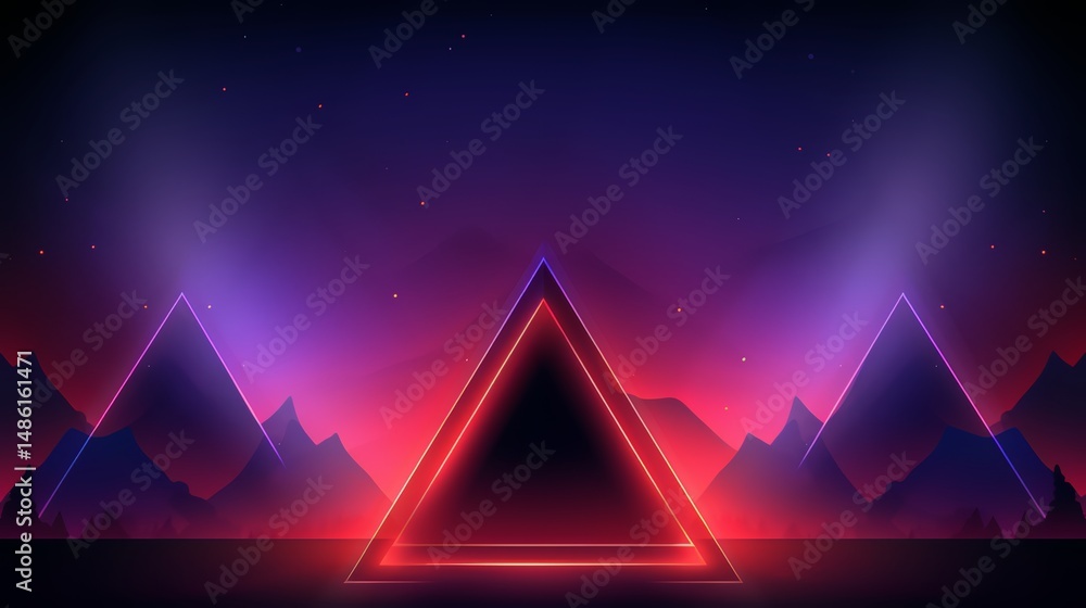 Poster red triangle is in the middle of a mountain range. the mountains are purple and the sky is dark