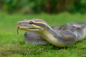 Obraz premium Snake Resting on Green Grass with Tongue Flicking