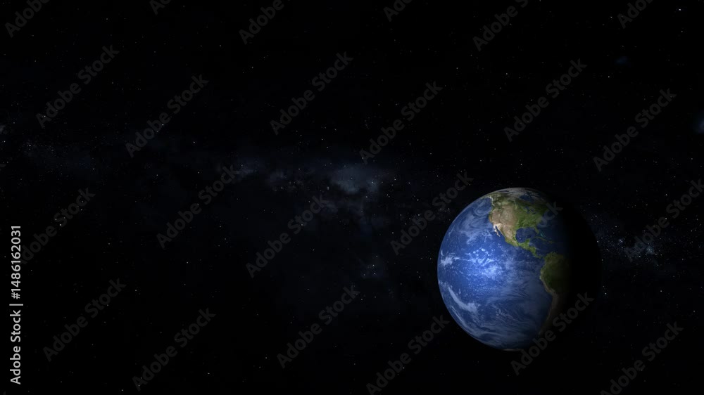 Poster earth rotating in space with stars and nebulae. earth rotating in space cinematic view of planet ear