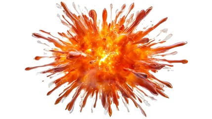 A vibrant orange liquid explosion against a stark white background view