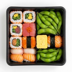 flat lay of japanese bento box with sushi rolls, tamagoyaki, and edamame, elegant packaging, super detail, mockup ready look, isolated on white background