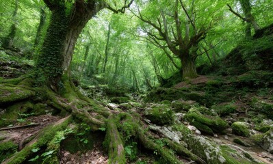 Enchanted Green Forest Roots and Mossy Trees