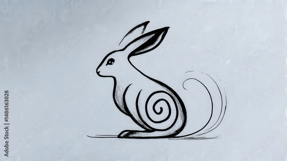 Poster Doodle of a rabbit sitting in the snow with spiral tail and abstract elements creating a minimalist scene