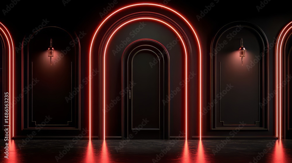 Poster the room is dimly lit with red neon lights illuminating the space. the walls are adorned with arched