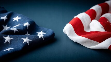 Two US flags exhibit a soft ripple on a rich dark blue background, creating a compelling patriotic visual ideal for various messaging applications