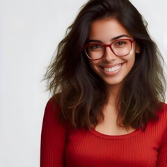 Obraz premium A young Hispanic smiling woman with glasses and a red top, isolated on a white background 