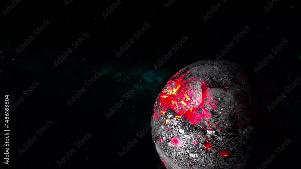 Poster alien planet with volcanic activity and glowing lava. alien planet render displaying volcanic activi