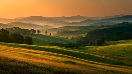 Obraz premium Sunrise Over Green Landscape with Trees