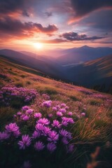 Obraz premium Sunset over mountain valley, wildflowers in foreground