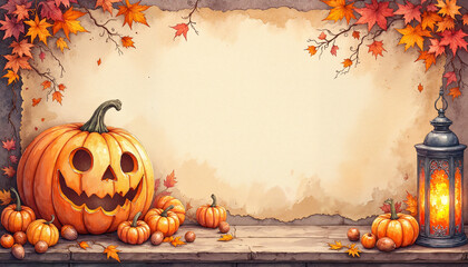 Halloween-themed watercolor postcard with pumpkins and autumn leaves with copy space  
