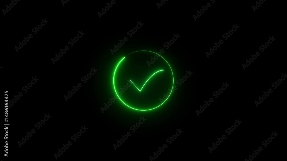 Aufkleber checkmark indicating approval and success. illuminated neon green checkmark animation on a black bac