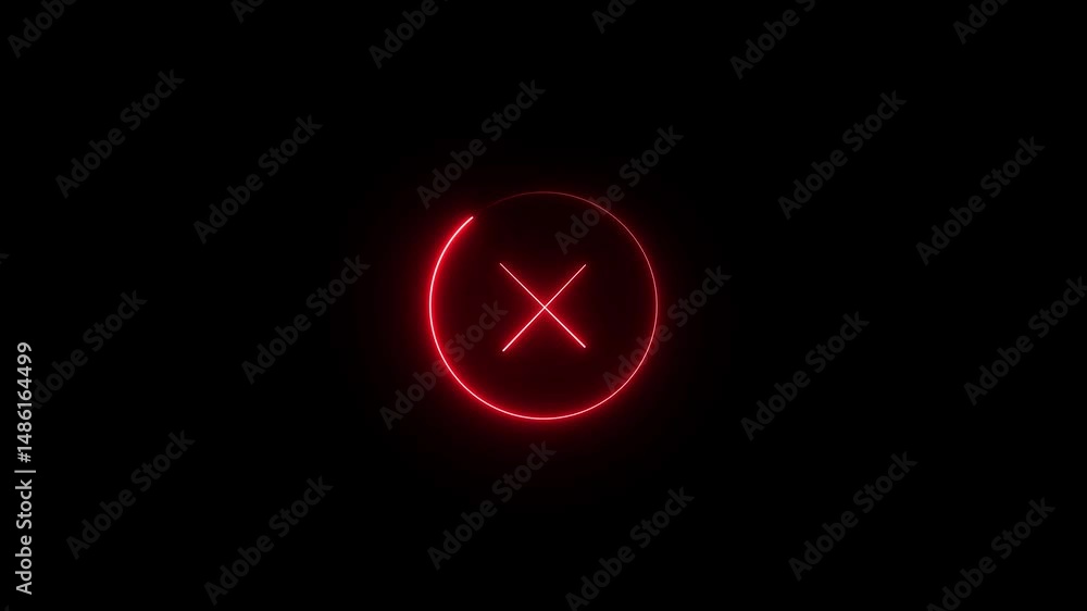 Aufkleber x symbol for error, warning, and cancellation visuals. glowing red neon x symbol animation on a blac