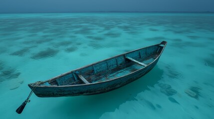 Fototapeta premium Small boat is floating in the ocean. The water is calm and blue. The boat is old and rusted