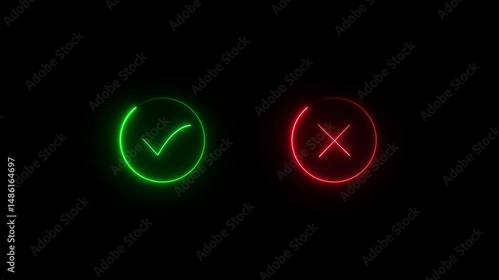 Poster check and cross icons showing yes and no decisions on dark. glowing neon check and x symbols on a da
