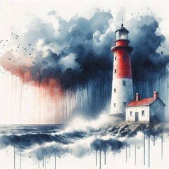 Watercolor Lighthouse with Waves and Splashes on White Background. AI generated illustration