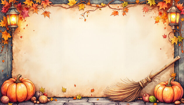 Watercolor Halloween postcard with pumpkins and autumn leaves border with copy space  