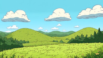 Fototapeta premium Scenic countryside landscape. Lush green hills under a vibrant blue sky dotted with fluffy white clouds