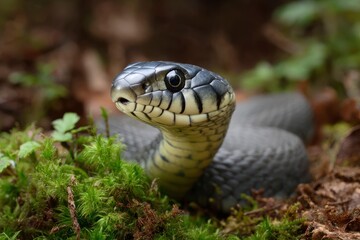 Fototapeta premium Snake Resting in Mossy Woodland Habitat, Close-up