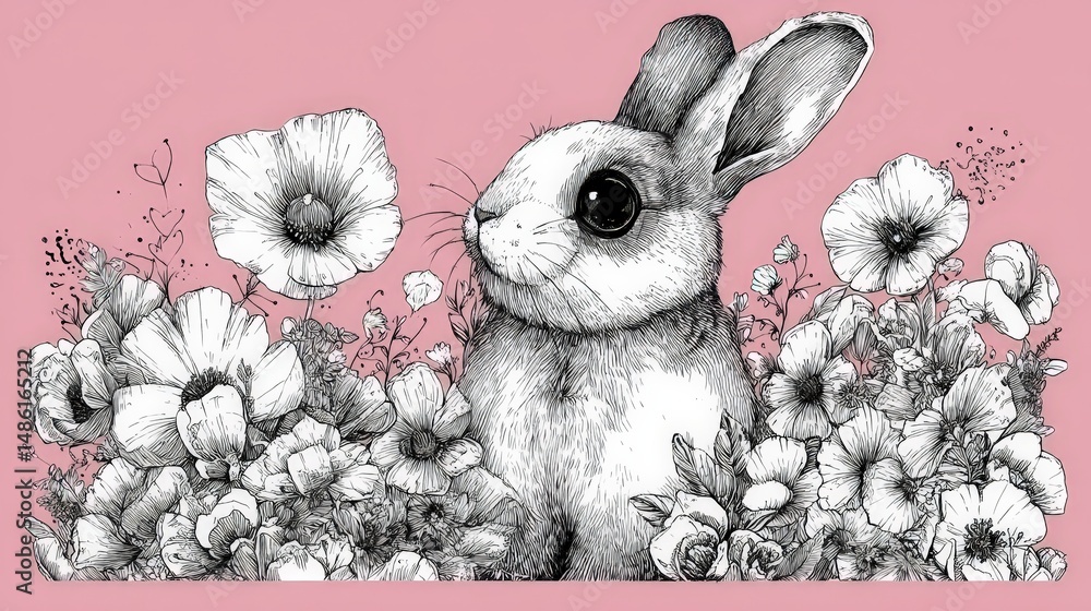 Poster Kawaii-style bunny surrounded by colorful flowers in a playful setting with exaggerated features and cheerful vibes