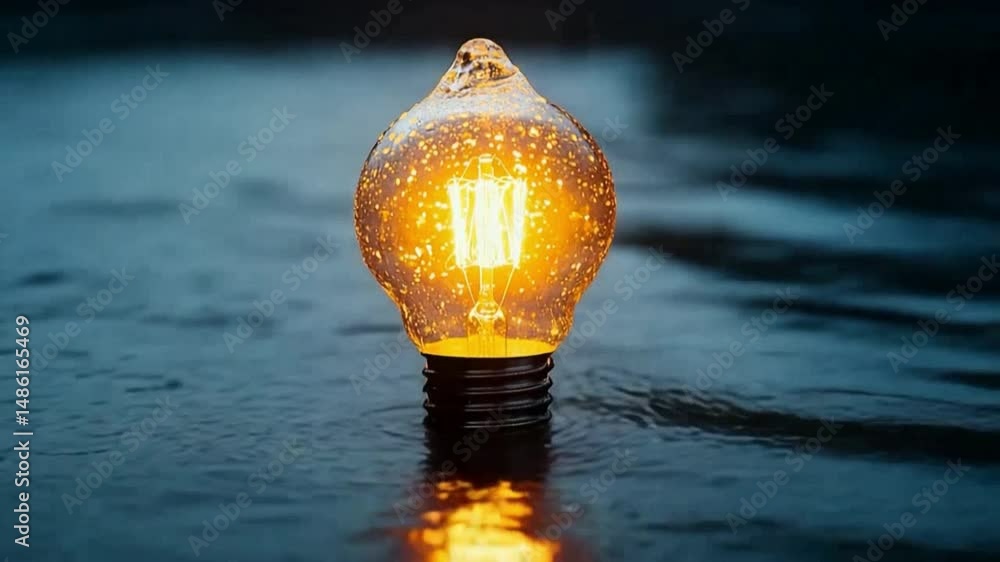 Poster illuminated bulb on water: a close-up shot of a glowing light bulb in a dark wet environment, radiat
