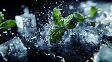 A close-up image featuring fresh green mint leaves intertwined with ice cubes,