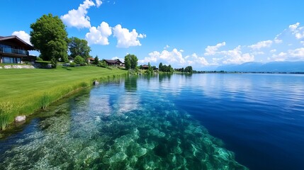 Tranquil lake reflects the clear blue sky with puffy white clouds, bordered by a lush green lawn with scattered houses.