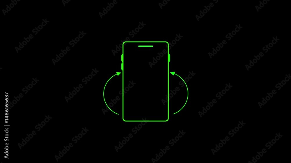 Poster smartphone with green outline and rotating arrows design. animated green outline of a smartphone wit