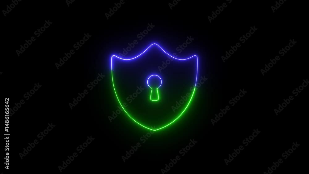 Poster shield with keyhole symbolizing data protection and cybersecurity. illuminated neon shield and keyho