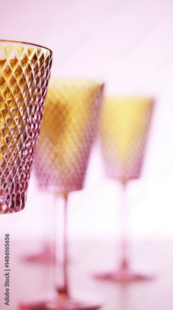 Poster elegant colorful glasses with unique diamond pattern reflecting light in a soft gradient background 