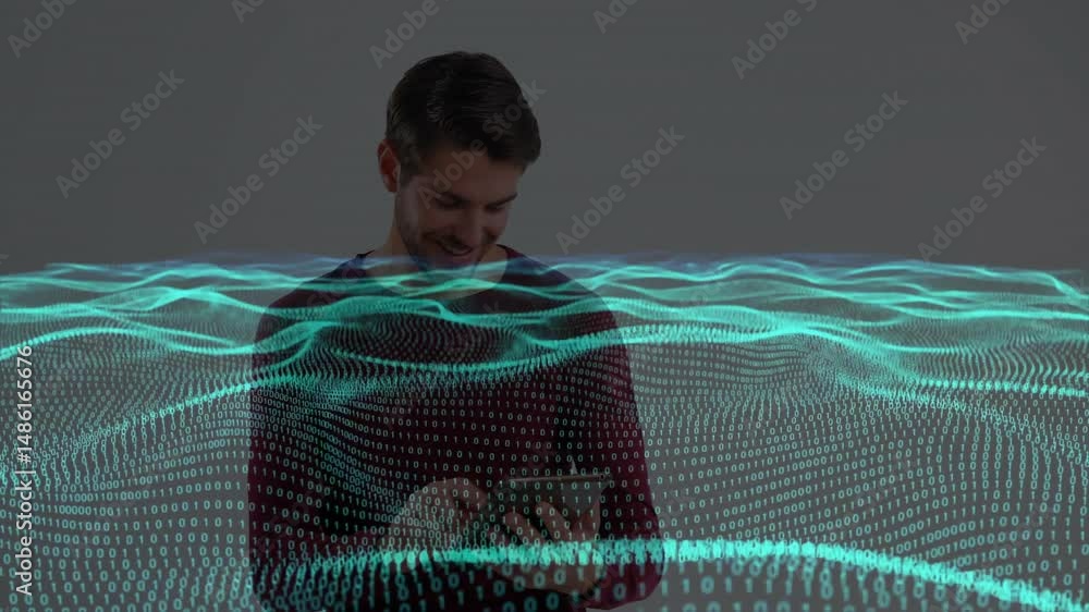 Poster man holding tablet in studio, featuring flowing turquoise binary waveforms and technology overlay