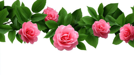 Naklejka premium A delicate border of pink roses and vibrant green leaves stretches across a pristine white background creating a fresh and floral decorative element for design.