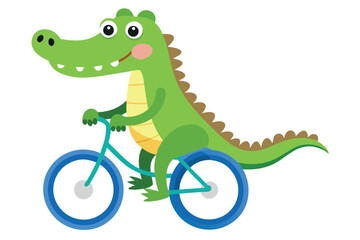 Fototapeta premium Joyful green alligator rides a blue bicycle with a smile on a clean background