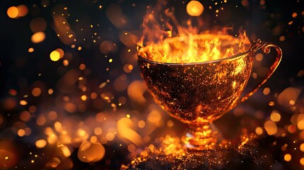 A golden trophy with ornate detailing sits on a black pedestal,