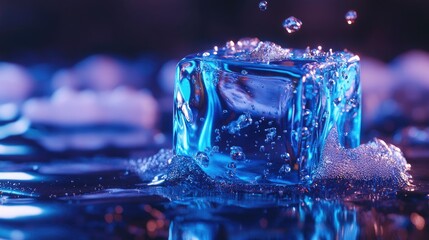 A melting ice cube sits on a smooth, reflective surface, surrounded by droplets of water.
