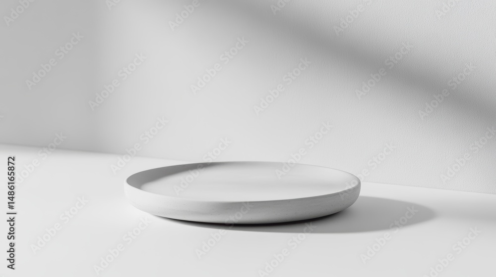 Poster minimalist white round platform on white background with sunlight shadow.